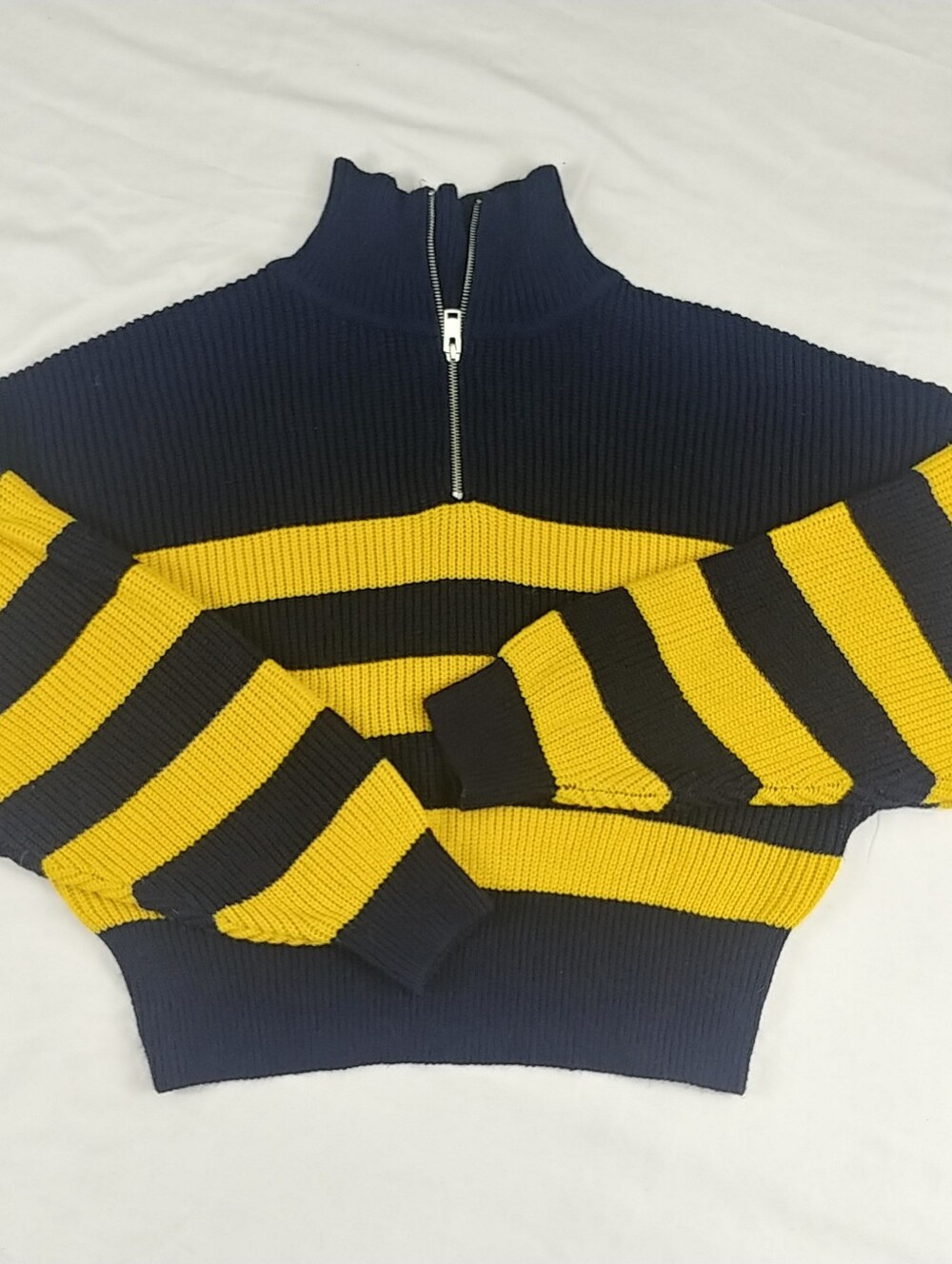 Divided Striped Crop Sweater Women XL Navy Yellow Mock Neck 1/4 Zip Streetwear